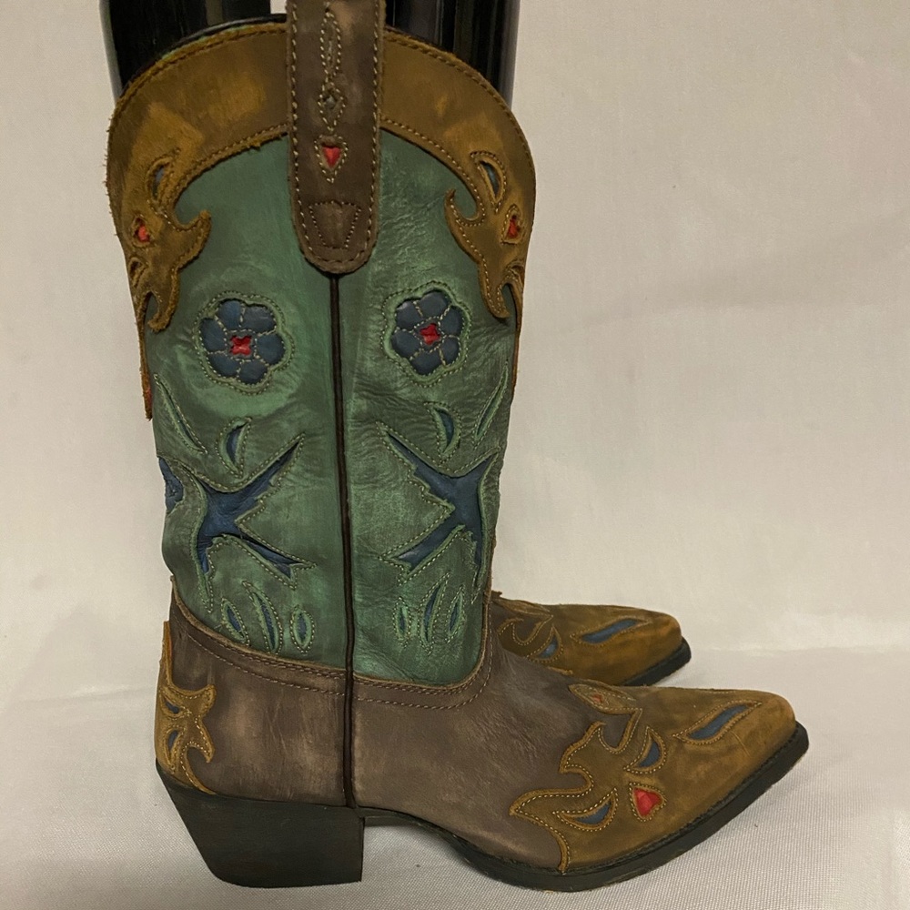 Dan Post Brown and Teal Embroidered Western Heeled Boots. - Picture 6 of 16